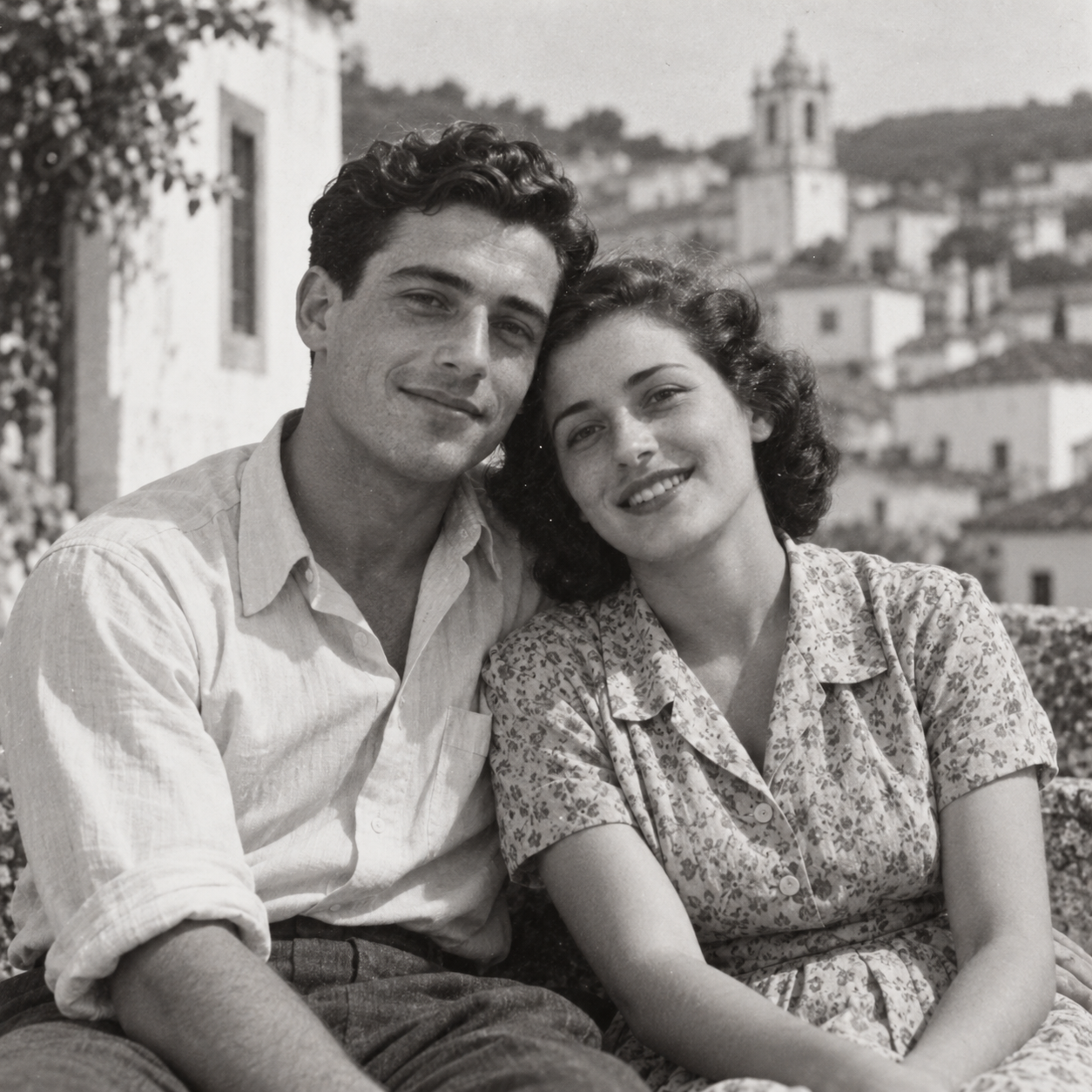 Retrato de um casal a preto e branco, com estilo de fotografia antiga